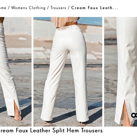 Cream Faux Leather Split Hem Trousers - Picture 4 of 15